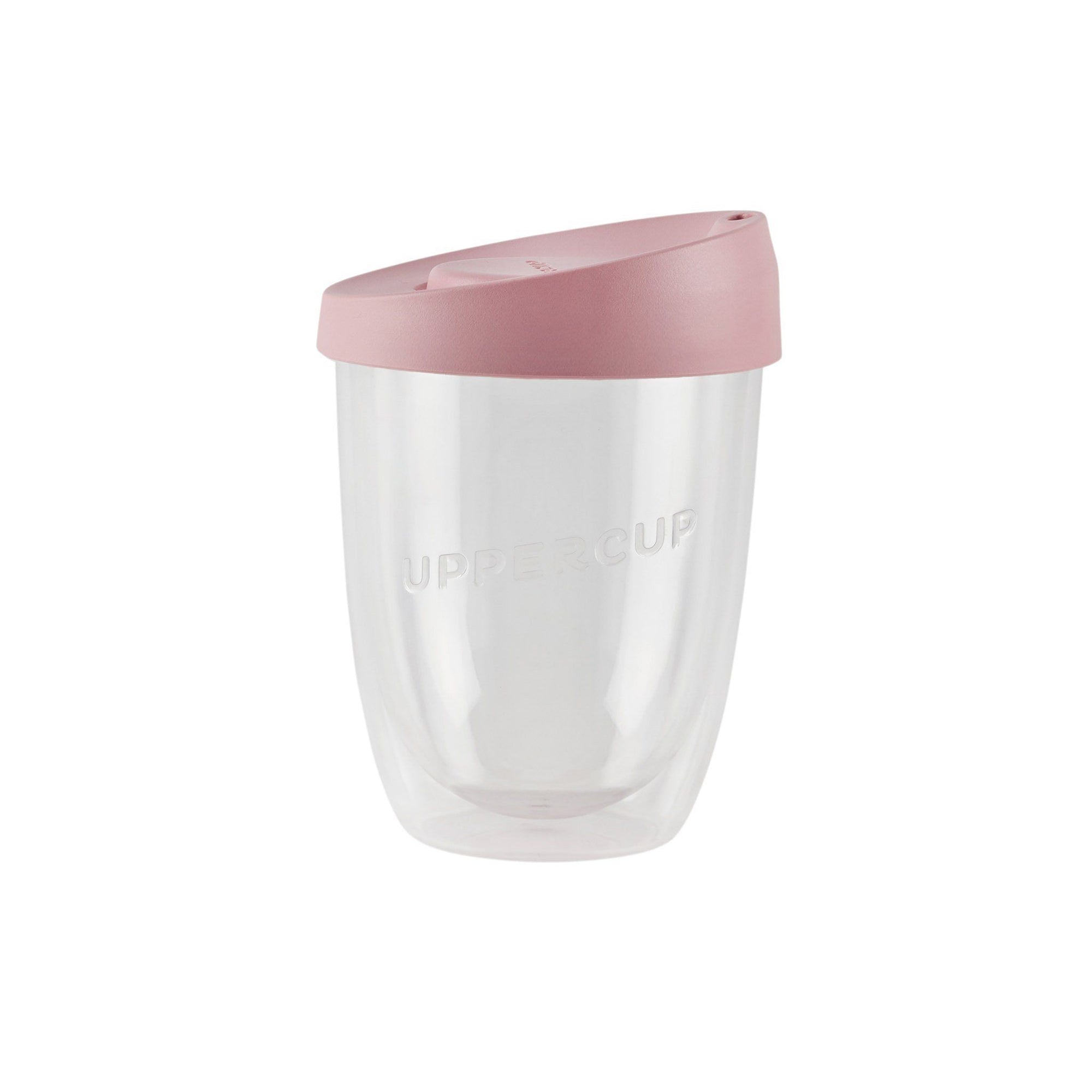 BPA Free double wall reusable coffee cup with a pink lid and clear base