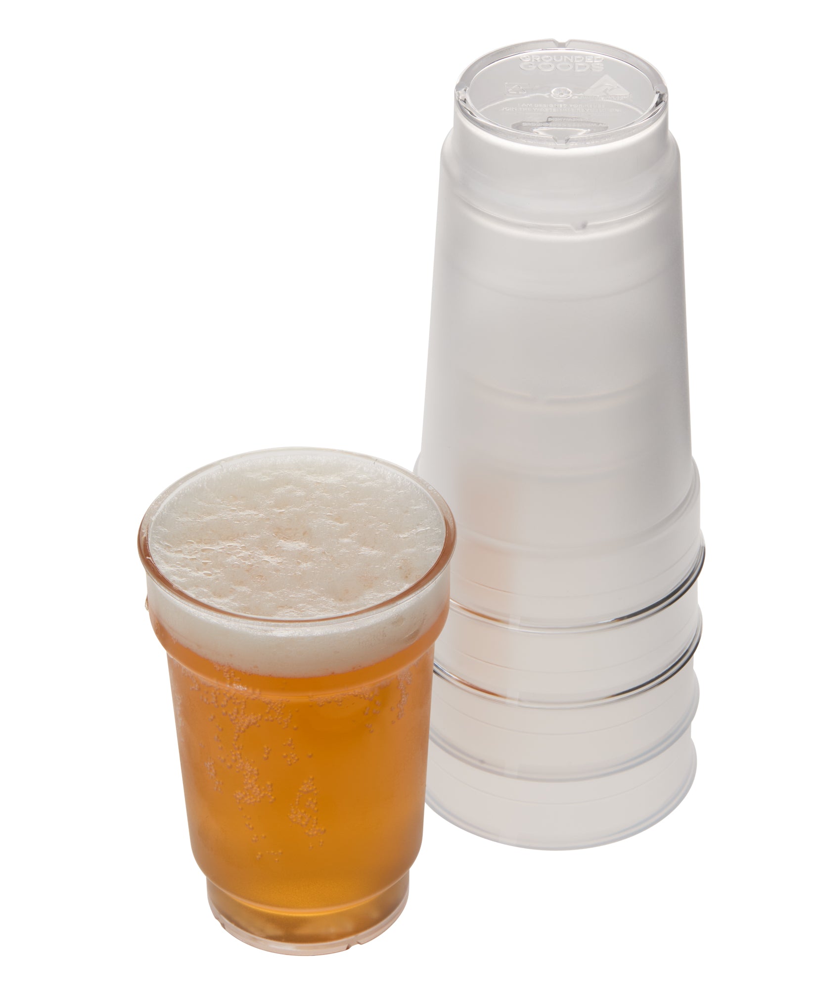 Reusable classic tumbler filled with beer beside stacked tumblers, shatterproof, stackable, Australian made