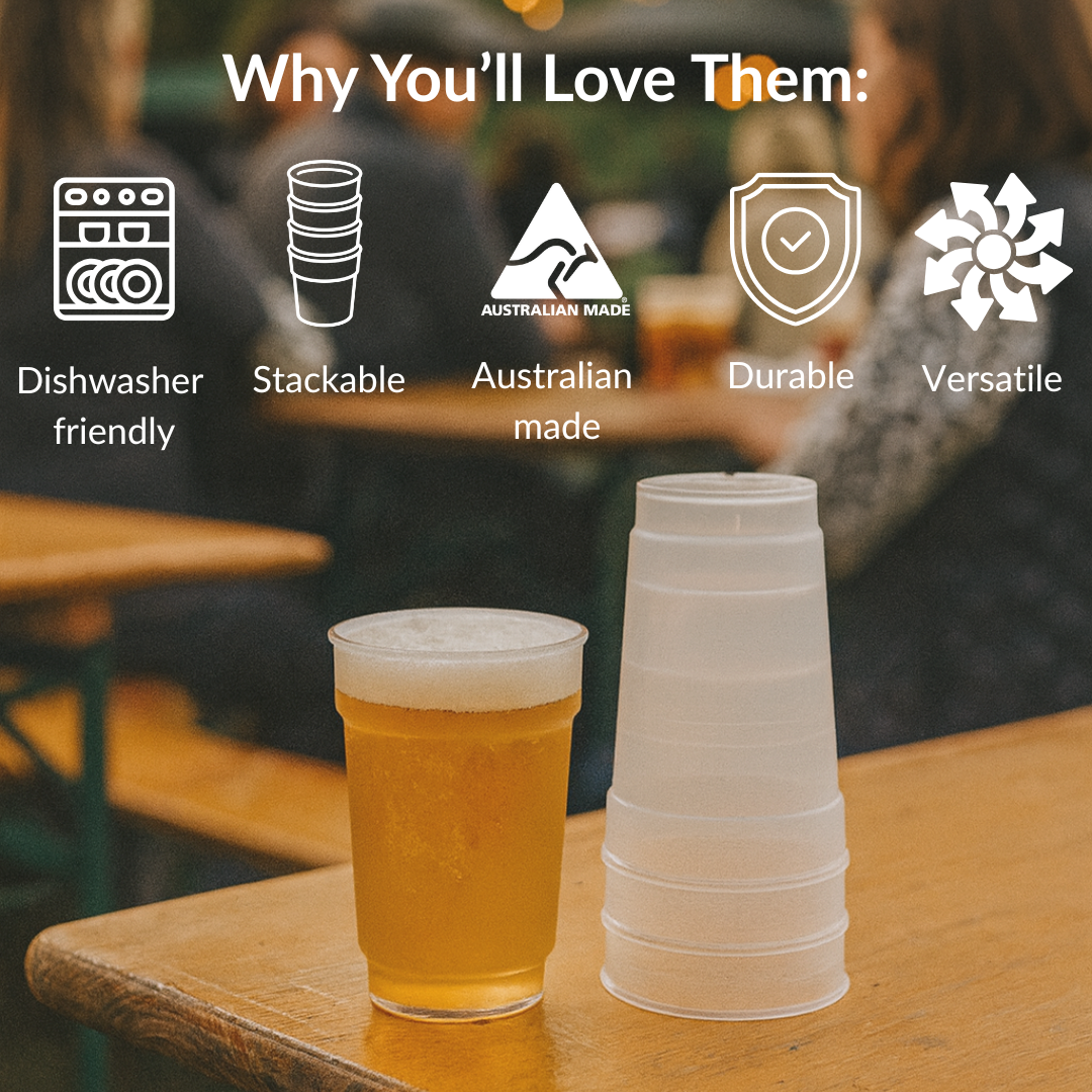Infographic of reusable classic tumbler with beer and stacked cups, highlighting benefits: shatterproof, stackable, dishwasher safe, Australian made, recyclable