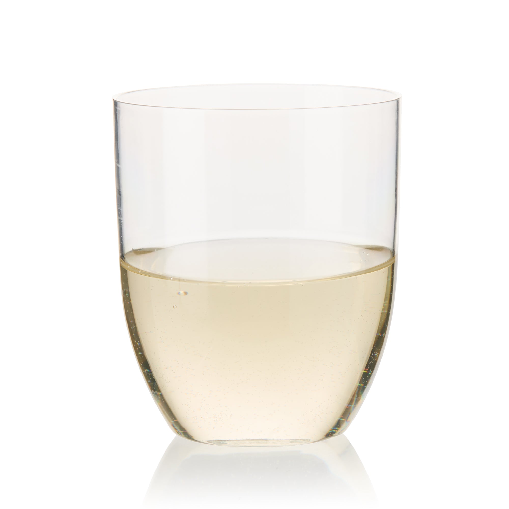Reusable wine tumbler filled with white wine, 150ml pour line visible, Australian made shatterproof cup