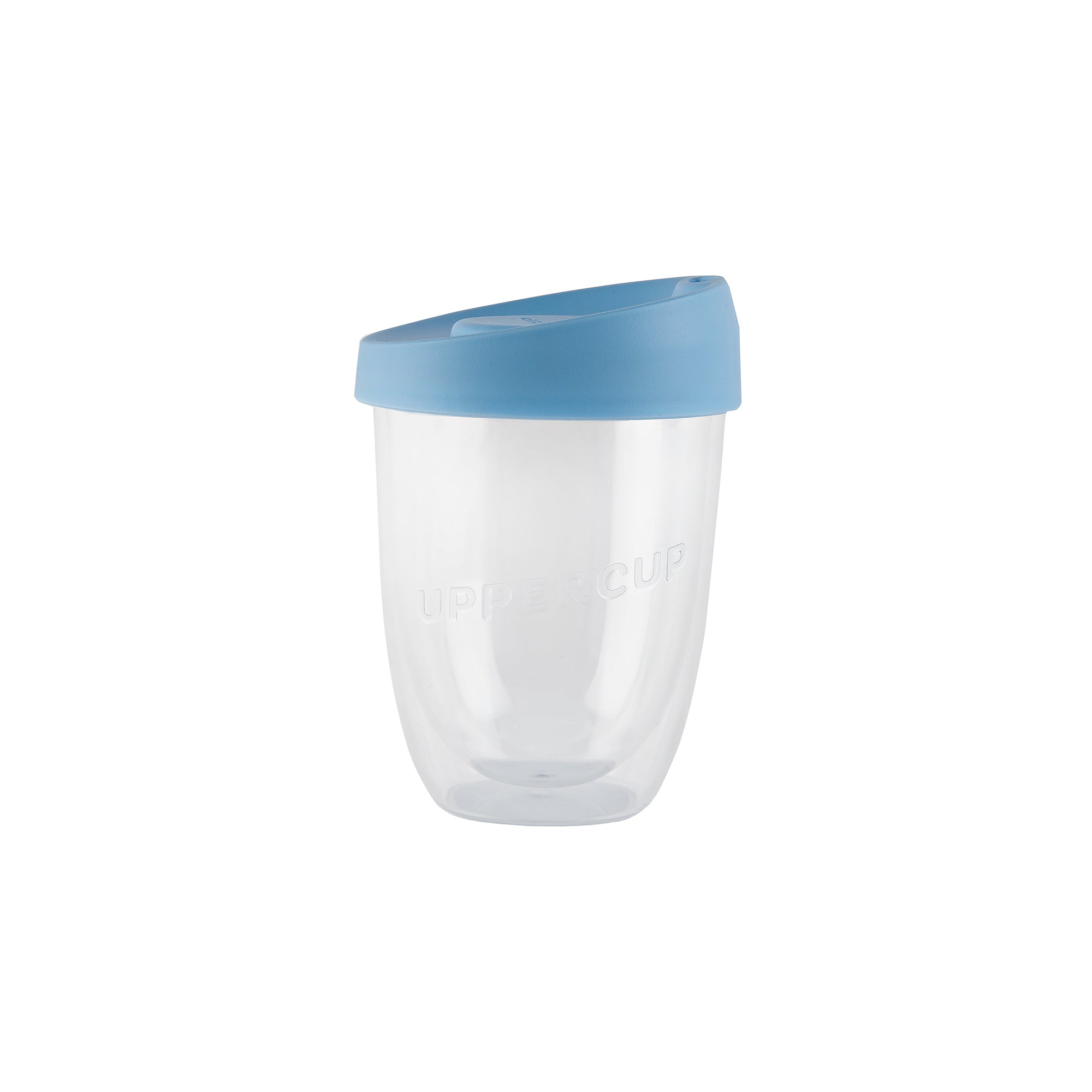 Double wall coffee cup AUstralian made with clear base and blue sippy lid