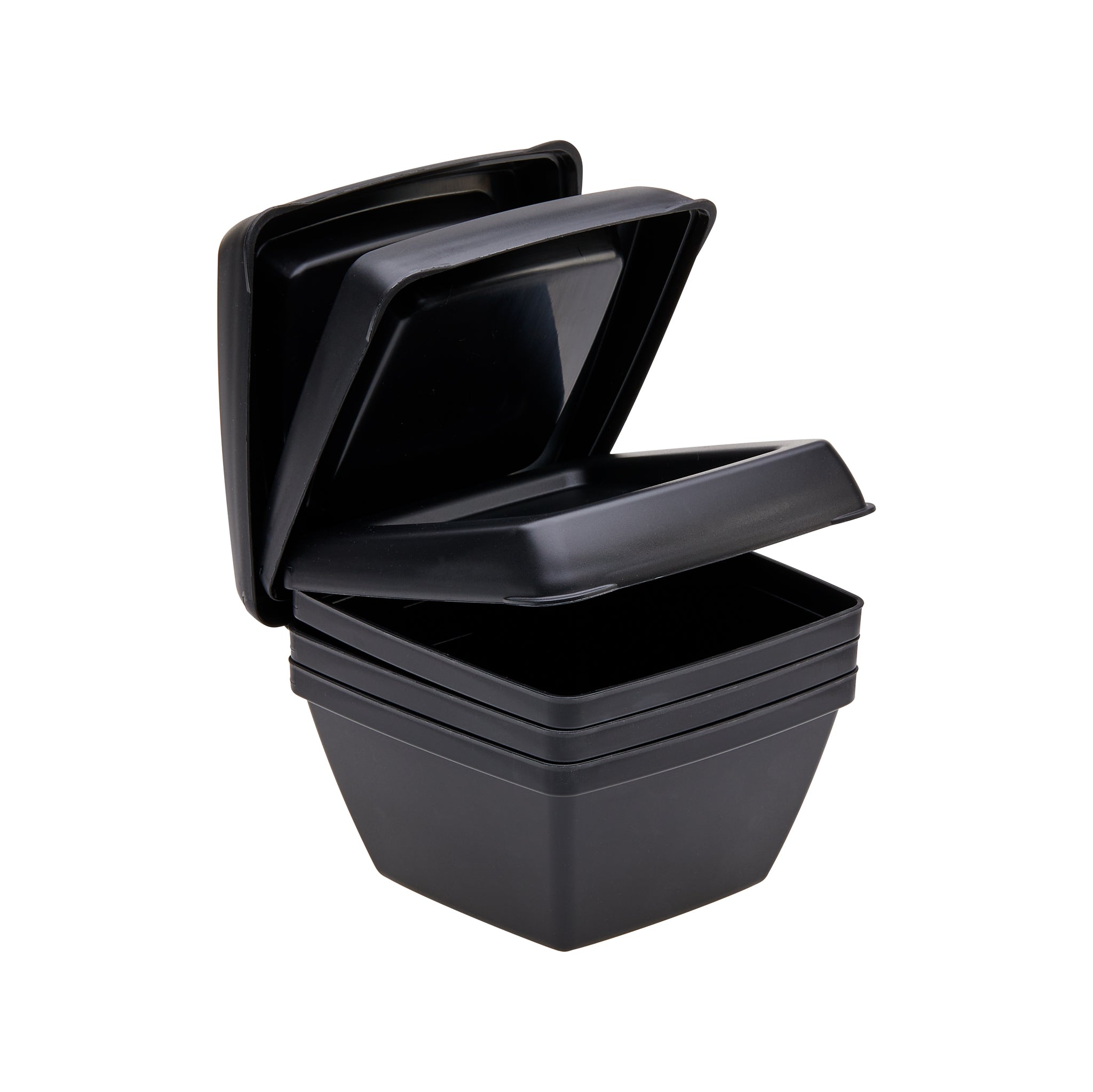 Black food container stacker with demonstration on how the lid opens 