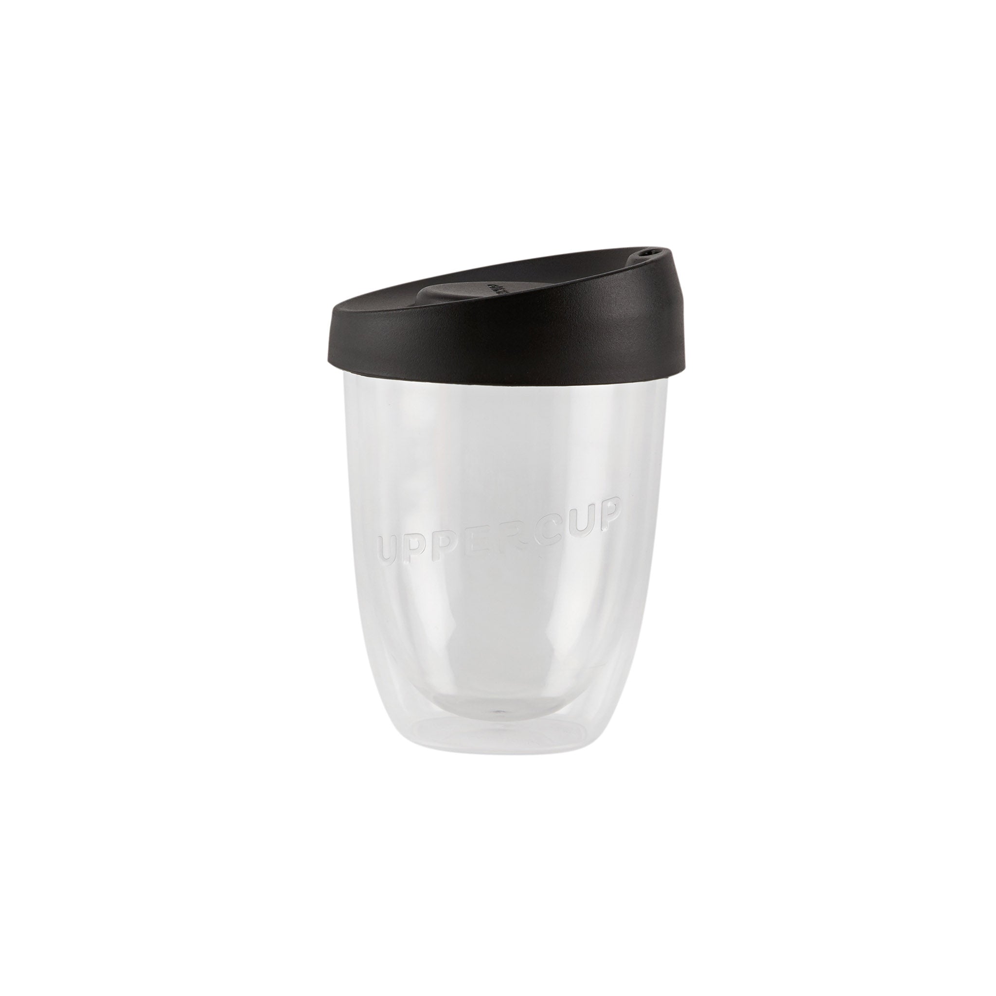 Double walled reusable coffee cup australian made with black lid and clear base
