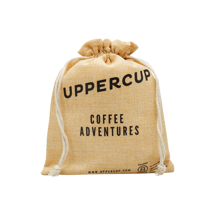 Waterproof bag to carry a reusable coffee cup brown heshian with ties